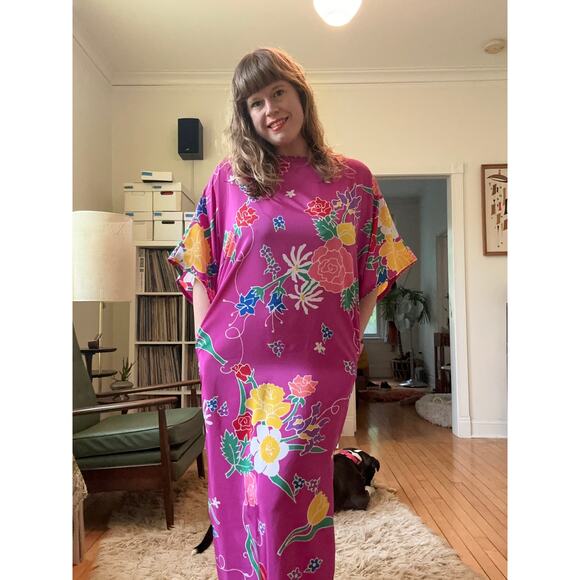 1980s vintage Oscar de la Renta caftan pink floral maxi dress loungewear large - Picture 4 of 10